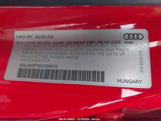 WAUJ8GFF3G1039619 Audi A3 2.0t Premium