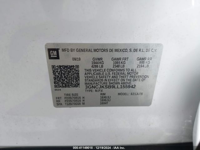 3GNCJKSB9LL155942 Chevrolet Trax Fwd Ls