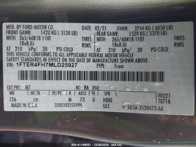 1FTER4FH7MLD25927 Ford Ranger Xlt