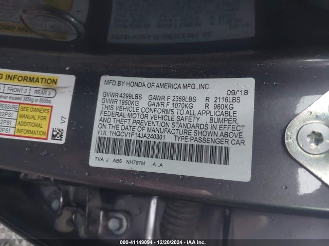 Honda ACCORD LX 2018 1HGCV1F14JA240301 Image 9