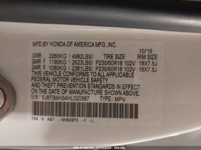 5J8TB4H54HL020987 Acura Rdx Technology   Acurawatch Plus Packages/w/technology Package