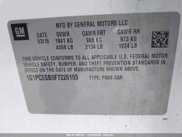 1G1PC5SB0F7226193 Chevrolet Cruze 1lt Auto