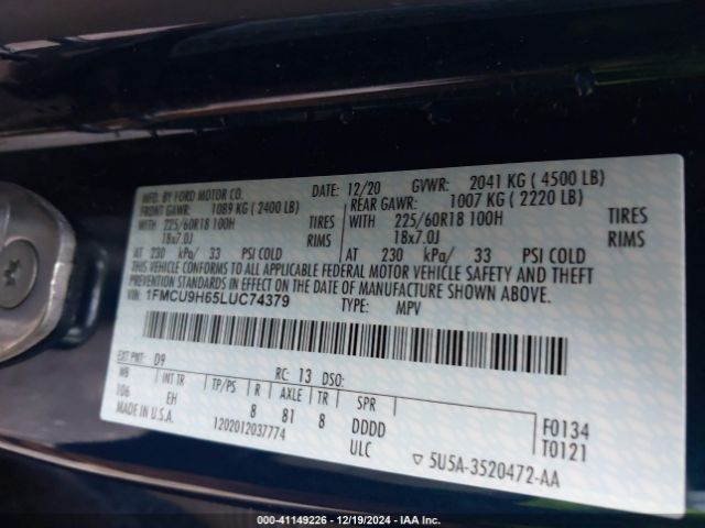 1FMCU9H65LUC74379 Ford ESCAPE SEL