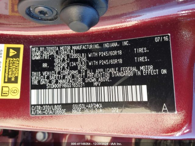 5TDKKRFH6GS165031 Toyota Highlander Xle V6