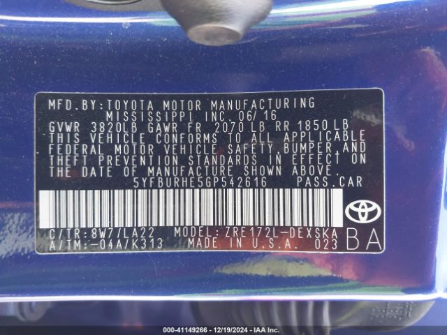 5YFBURHE5GP542616 Toyota Corolla S Premium