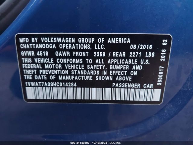 1VWAT7A33HC014284 Volkswagen Passat 1.8t S