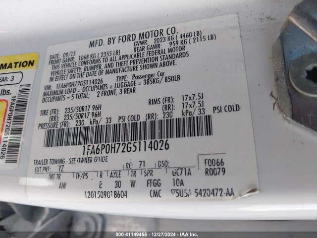 Ford FUSION SE 2016 1FA6P0H72G5114026 Image 9