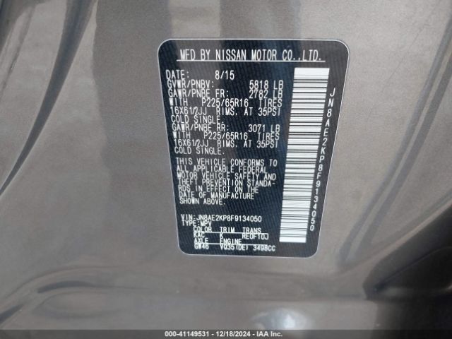 JN8AE2KP8F9134050 Nissan Quest Platinum/s/sl/sv
