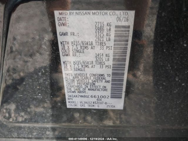5N1AR2MN8GC661002 Nissan Pathfinder Platinum/s/sl/sv