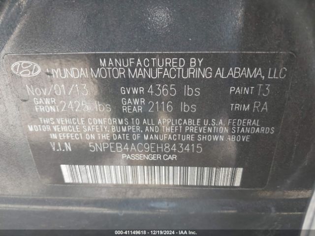 5NPEB4AC9EH843415 Hyundai SONATA GLS