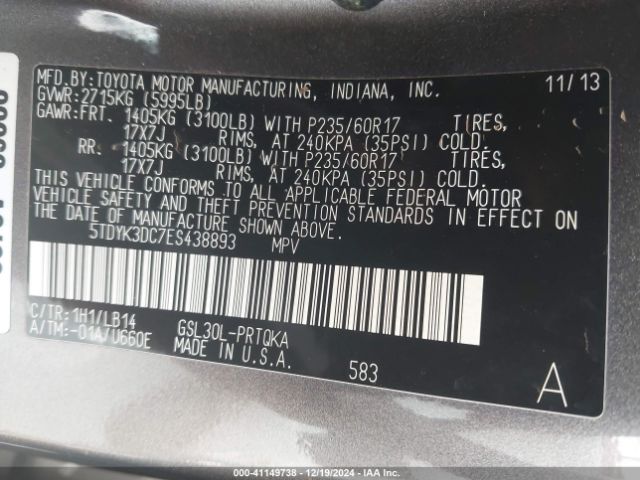 5TDYK3DC7ES438893 Toyota Sienna Xle/limited