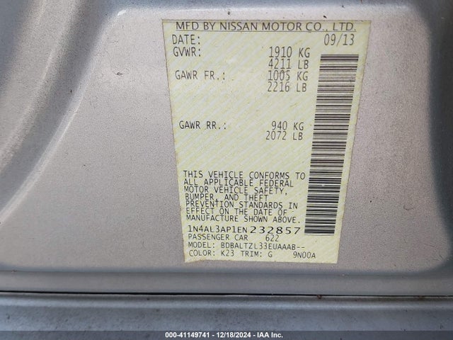Nissan Altima 2.5 Sv 2014 1N4AL3AP1EN232857 Image 9
