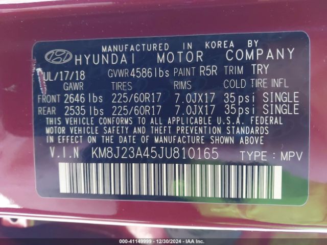 KM8J23A45JU810165 Hyundai TUCSON SE