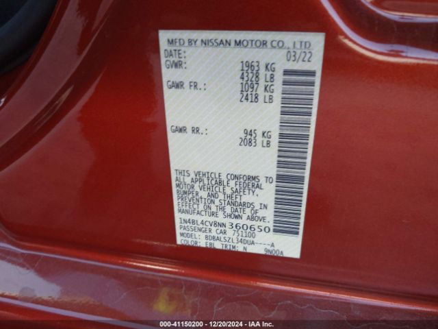 1N4BL4CV8NN360650 Nissan Altima Sr Fwd