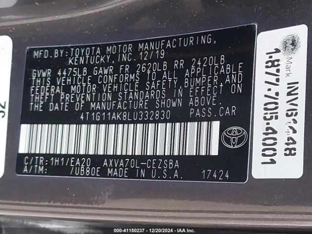 4T1G11AK8LU332830 Toyota CAMRY SE