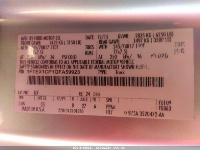 1FTEX1CP1GFA59923 Ford F-150 Xl