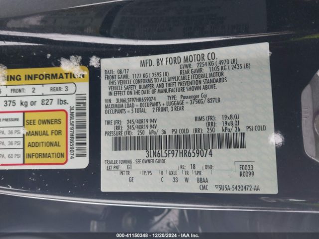 3LN6L5F97HR659074 Lincoln Mkz Reserve