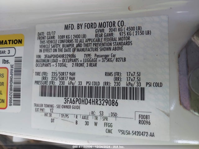 Ford FUSION SE 2017 3FA6P0HD4HR329086 Image 9