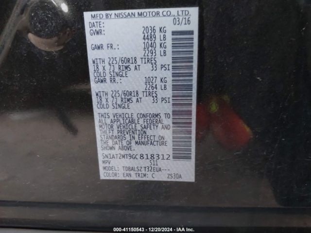 5N1AT2MT9GC818312 Nissan Rogue S/sl/sv