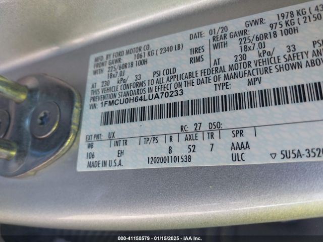 1FMCU0H64LUA70233 Ford ESCAPE SEL