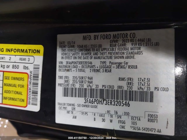 Ford FUSION SE 2014 3FA6P0H73ER320546 Image 9