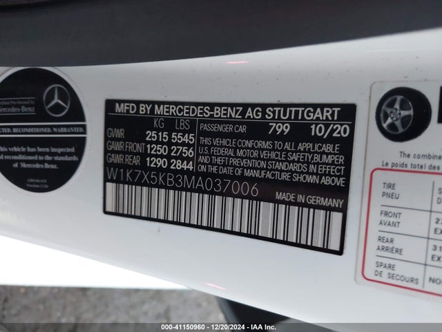 41150960 :رقم المزاد ، W1K7X5KB3MA037006 vin ، 2021 Mercedes-benz Amg Gt 43 4-door Coupe مزاد بيع