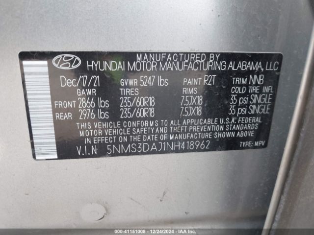 5NMS3DAJ1NH418962 Hyundai Santa Fe Sel