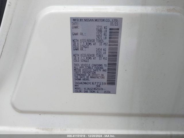 5N1AR2MN2FC677159 Nissan Pathfinder Sl