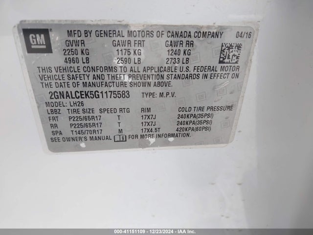 Chevrolet EQUINOX LT 2016 2GNALCEK5G1175583 Image 9
