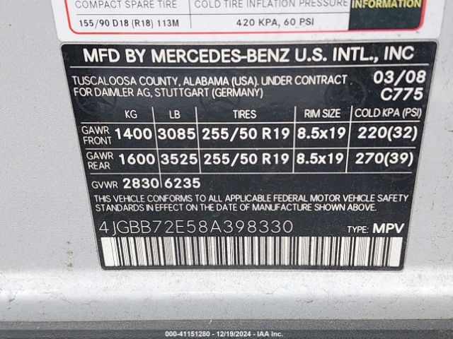 2008 MERCEDES-BENZ ML 550 4JGBB72E58A398330 Photo 8