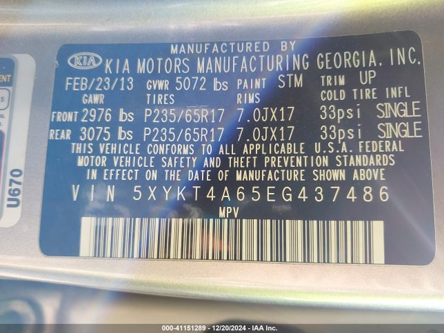 KIA SORENTO LX 2014 5XYKT4A65EG437486 Image 9