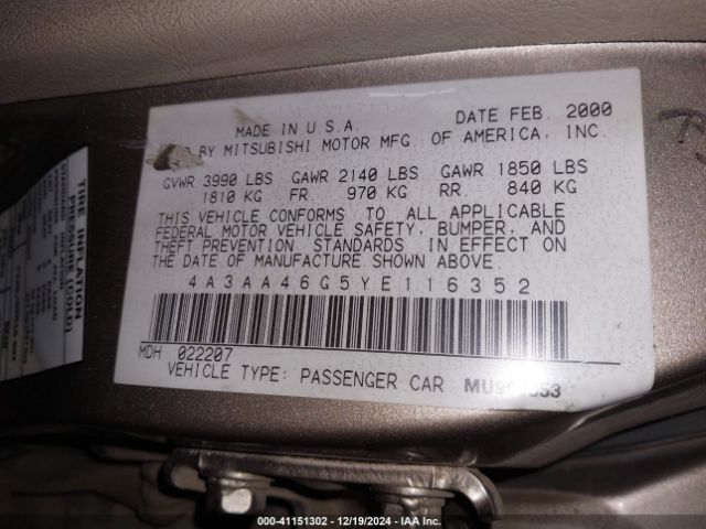 2000 MITSUBISHI GALANT 4A3AA46G5YE116352 Photo 8
