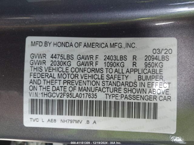 1HGCV2F95LA017635 Honda Accord Touring