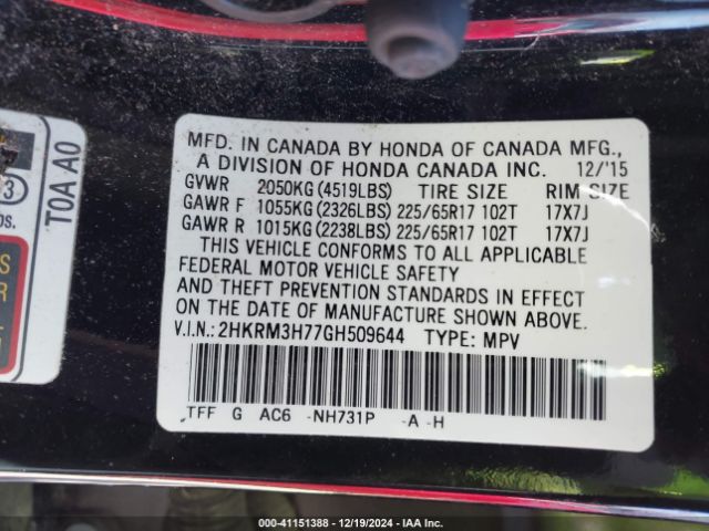 2HKRM3H77GH509644 Honda k24w9