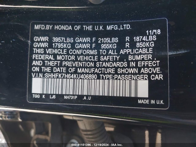 Honda CIVIC EX 2019 SHHFK7H64KU406890 Image 9