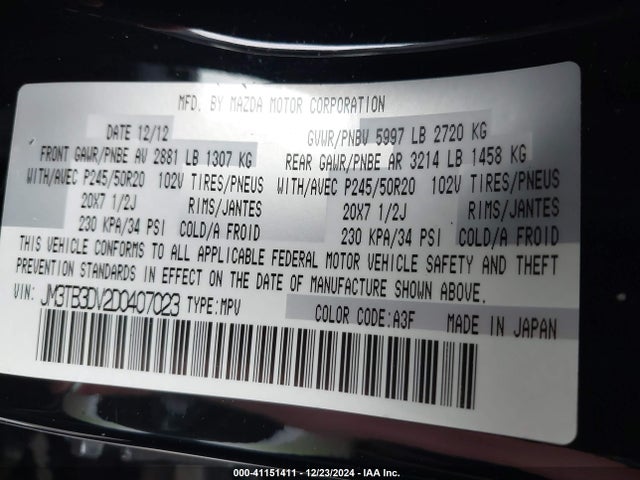 Aukcja sprzedaży 2013 Mazda Cx-9 Grand Touring, vin: JM3TB3DV2D0407023, numer aukcji: 41151411
