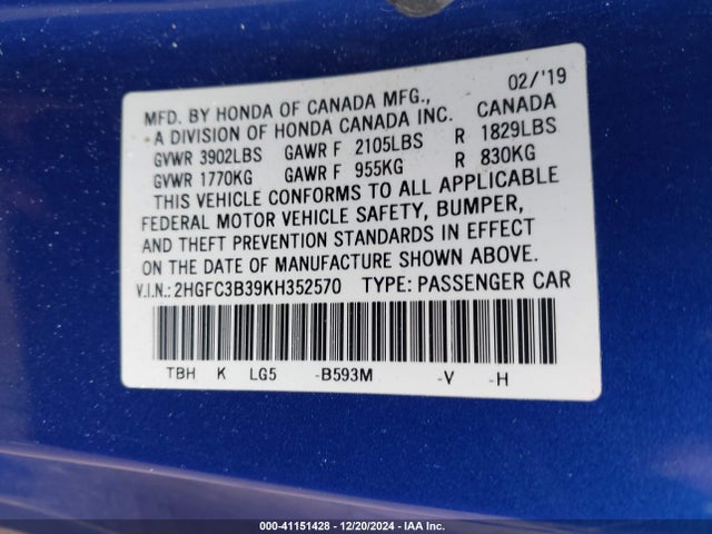 Honda CIVIC EX 2019 2HGFC3B39KH352570 Image 9