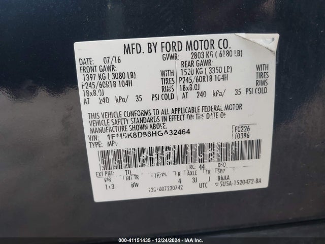 1FM5K8D86HGA32464 Ford EXPLORER XLT