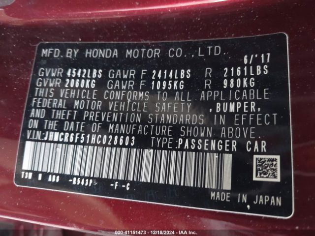 JHMCR6F51HC028603 Honda Accord Hybrid Ex-l