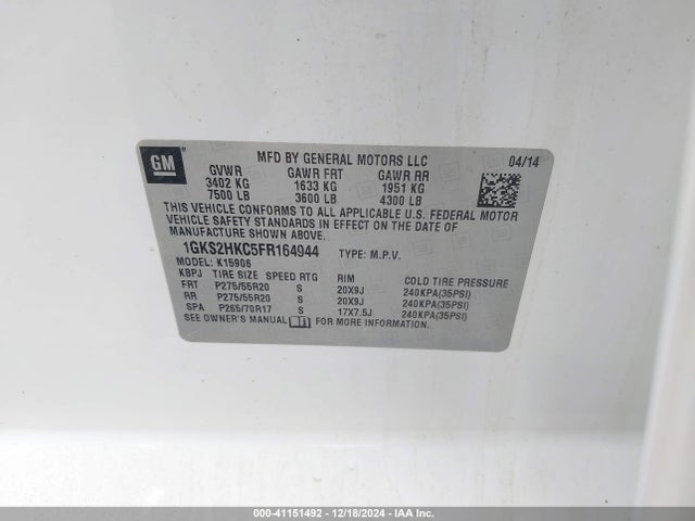 1GKS2HKC5FR164944 GMC Yukon Xl 1500 Slt