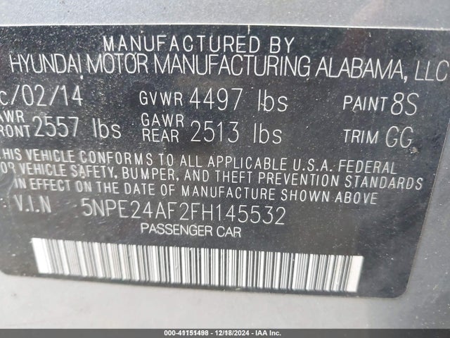 5NPE24AF2FH145532 Hyundai SONATA SE