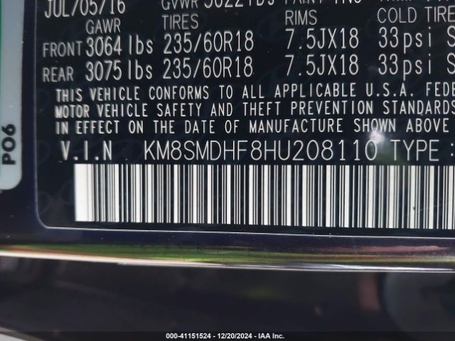 KM8SMDHF8HU208110 Hyundai Santa Fe Se