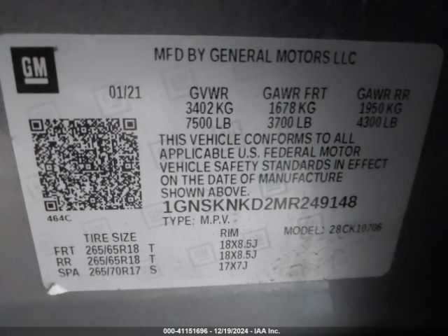 1GNSKNKD2MR249148 Chevrolet Tahoe 4wd Lt