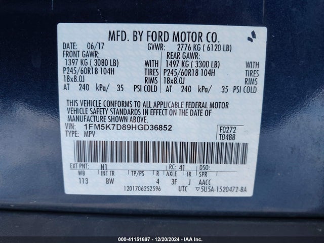 Ford EXPLORER XLT 2017 1FM5K7D89HGD36852 Image 9