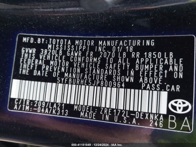 5YFBURHE5JP800964 Toyota Corolla Xle