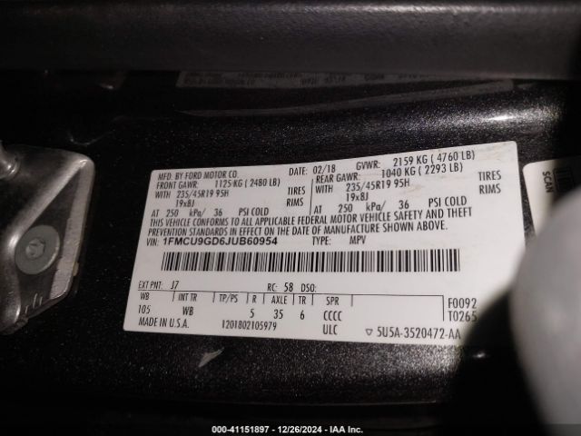 1FMCU9GD6JUB60954 Ford ESCAPE SE