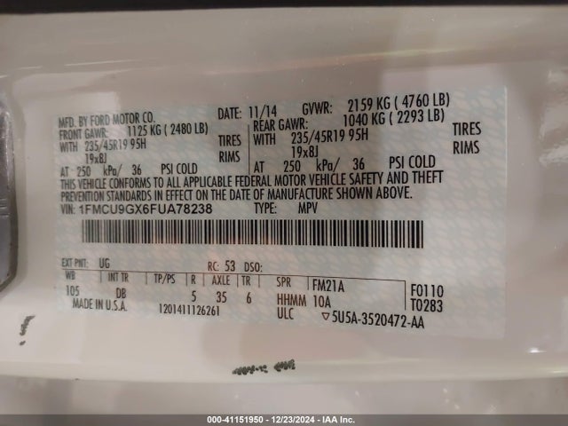 Ford ESCAPE SE 2015 1FMCU9GX6FUA78238 Image 9