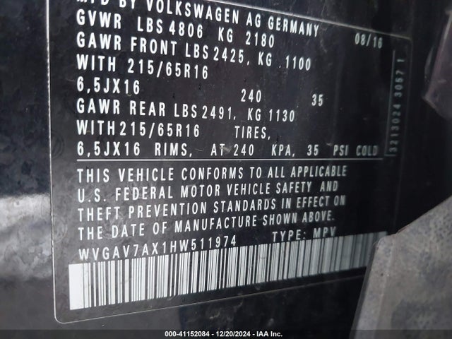 WVGAV7AX1HW511974 Volkswagen Tiguan 2.0t S