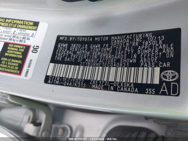 2T1BURHE1EC040831 Toyota Corolla S
