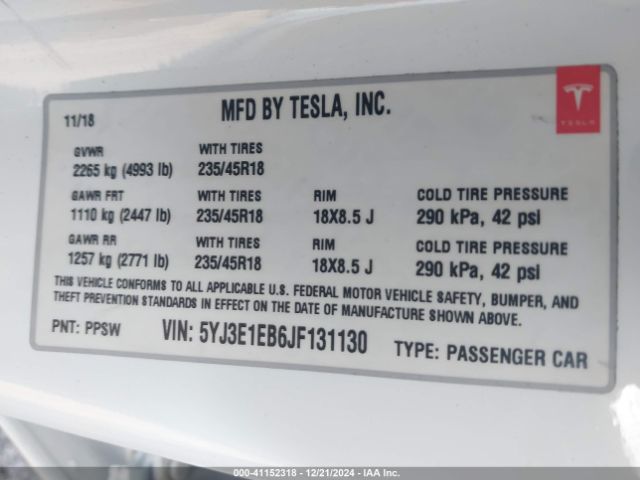 5YJ3E1EB6JF131130 Tesla Model 3 Long Range/performance